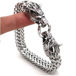 Silver Lion Head Chain Bracelet - Men's Stainless Steel Bracelet